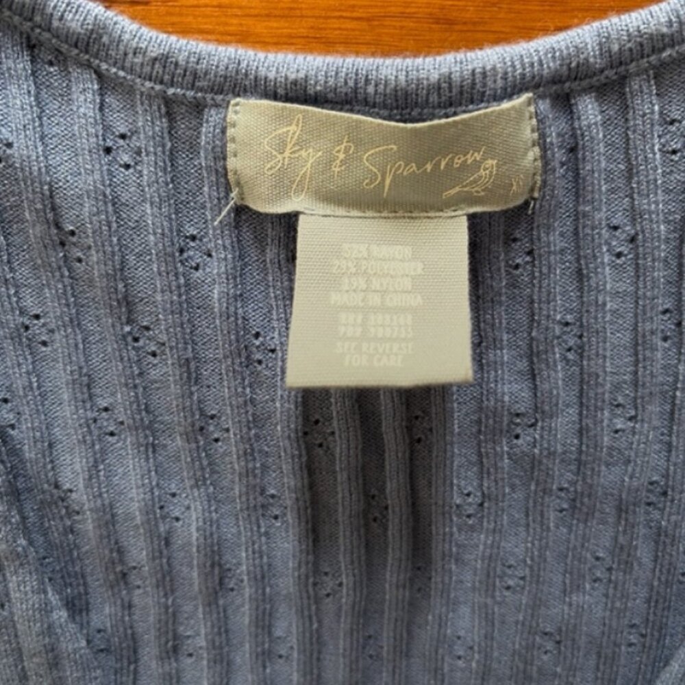 Sky & Sparrow Cardigan Sweater Women Knit Open Blue Tie Front Pointelle Ribbed - Picture 2 of 3